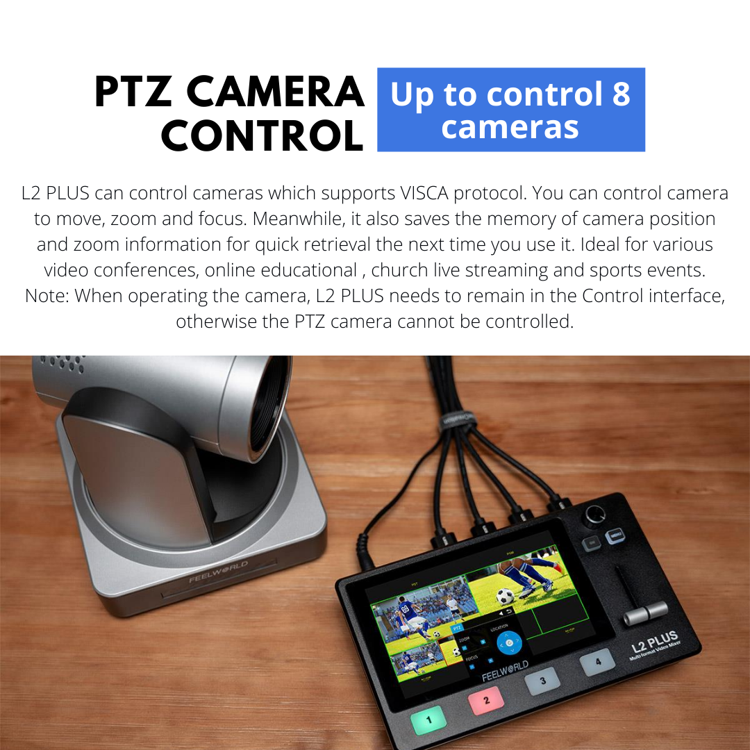 FeelWorld L2 PLUS Multicamera Video Mixer Switcher with 5.5" LCD Touch Screen PTZ Control